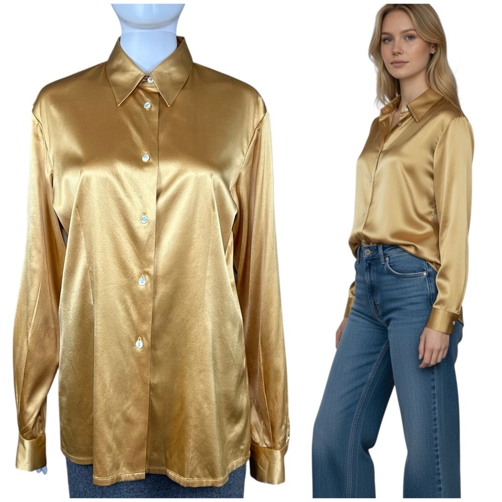 Gianfranco Ferre Womens Silk Button Up Shirt Size 8 Gold 90s Vintage Preppy